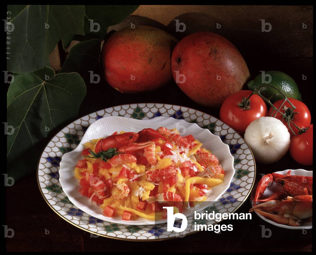 Food still life: crayfish and mango salad (photography)
