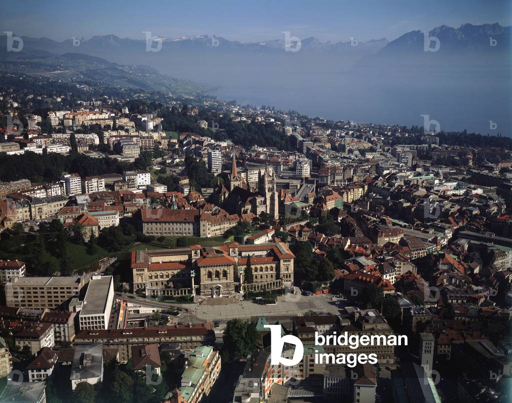 Aerial view of the city and Leman lake, 1990 ca - Photography