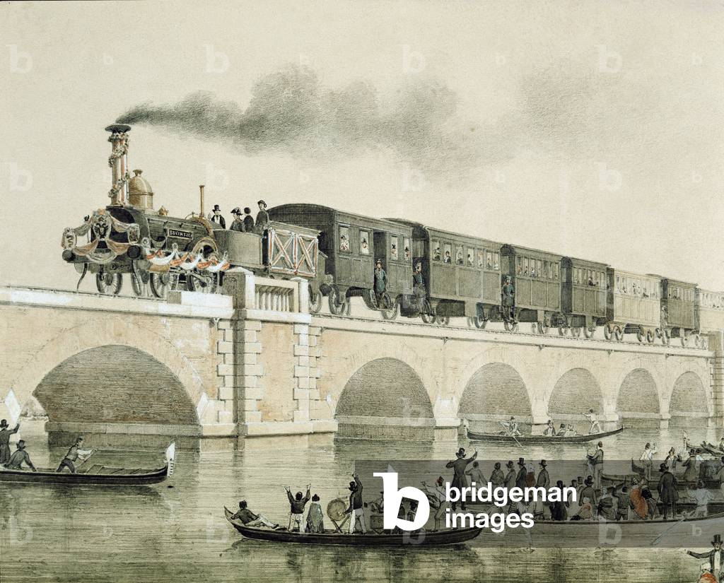 Inauguration of the bridge over the lagoon of Venice to connect the city with the continent (Lithography, 1846