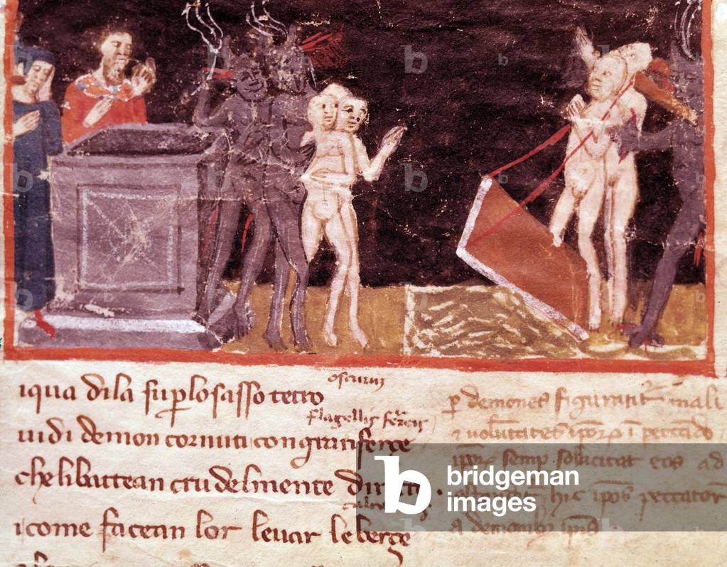 Dante and Virgil surrounded by the pimps and seducers (song 18 from Hell,  in the Divine Comedy) - Miniature, 14th century