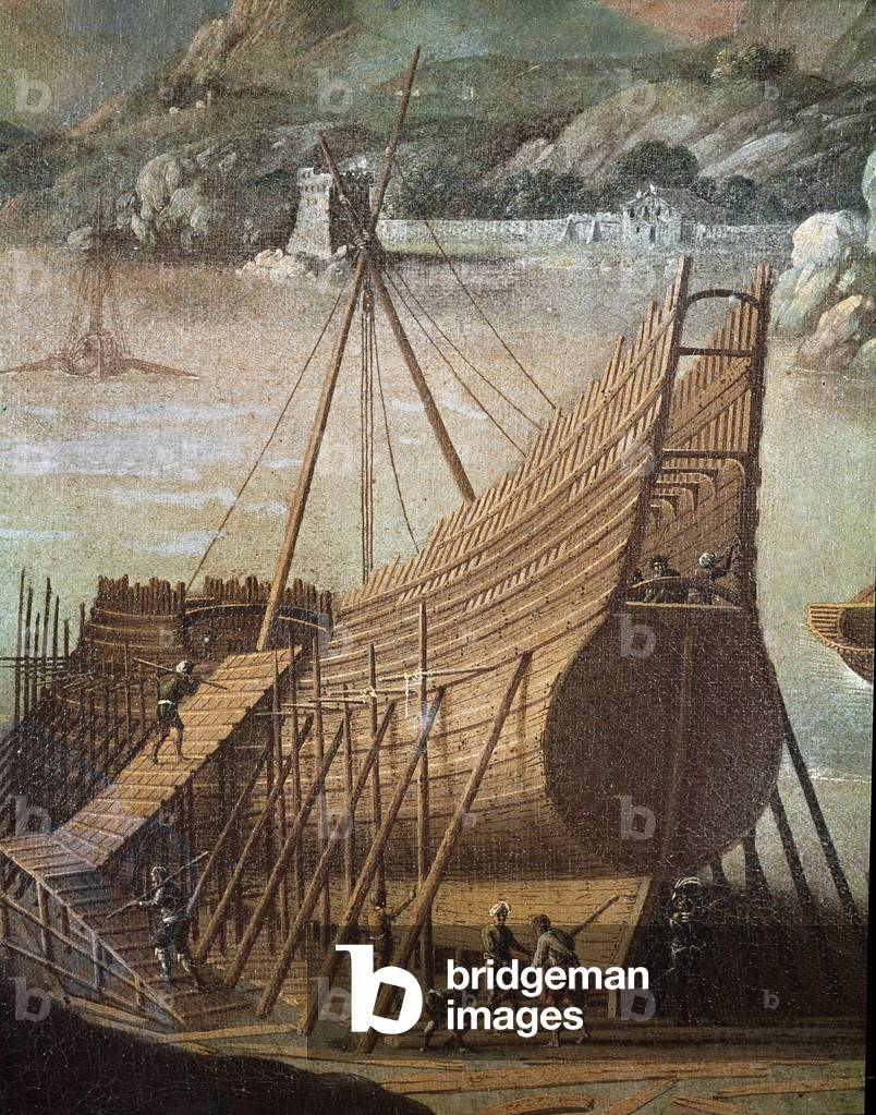 Construction of a galleon in a shipyard in Genoa (Detail. Painting, 17th century)