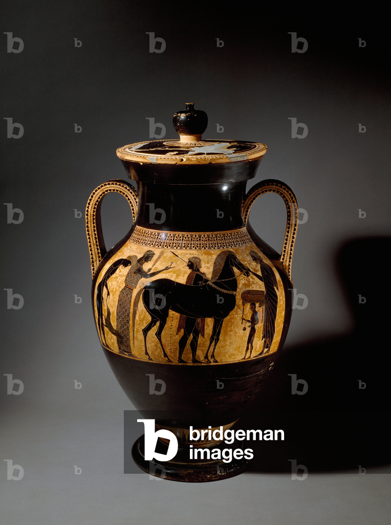 Anfora greca: Anfora attica a figure nere che rappresentano il ritorno delle Dioscures (Castore e Polluce) rea