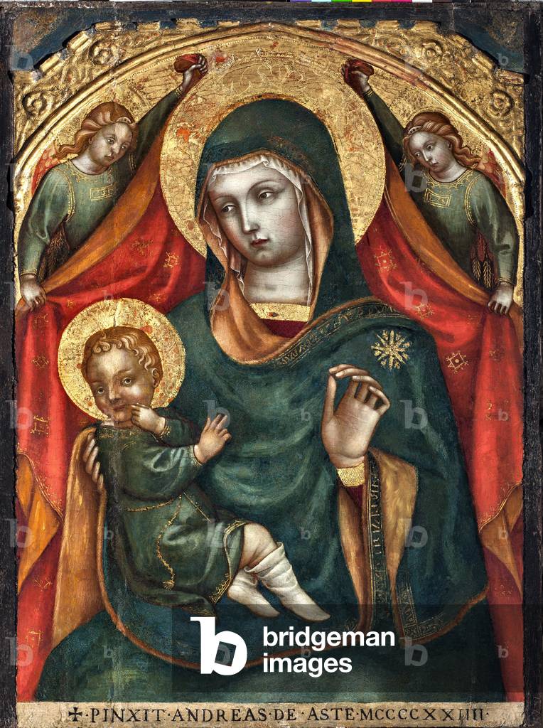 Virgin and Child with Two Angels Painting by Andrea dell'aste (15th century) Museo Diocesano, Genes, Italy