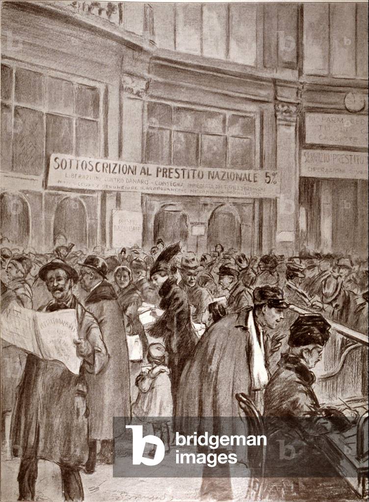 World War I: the subscription of the National Loan in Milan, 1916 (illustration)