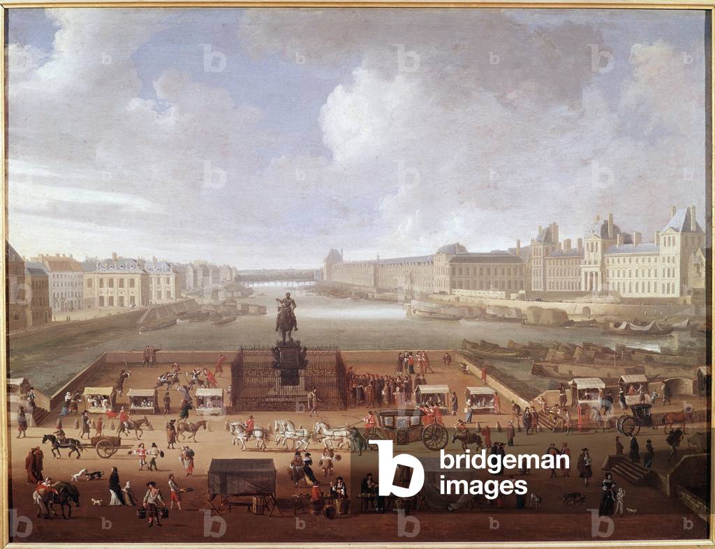 Pont-Neuf, Paris, gesehen vom Eingang zum Place Dauphine mit 4 Nations College, Quai Malaquais und Louvre (Öl 