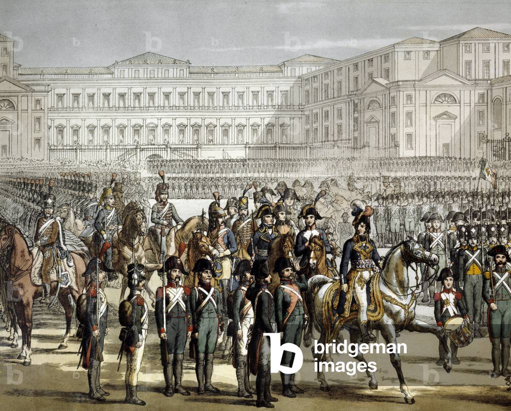 The French General and King of Naples Gioacchino (Joachim) Murat (1767-1815) reviews the Cisalpine militia in front of the Villa Reale de Monza on 07/08/1801. Engraving Museo del Risorgimento, Milan