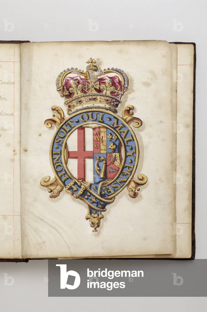 Order of the Garter: Book of Statutes that belonged to Charles Fitzroy, Duke of Grafton - Royal arms of the Hanovrians from 1714 until 1801 (Watercolour manuscript, beg.18th century)