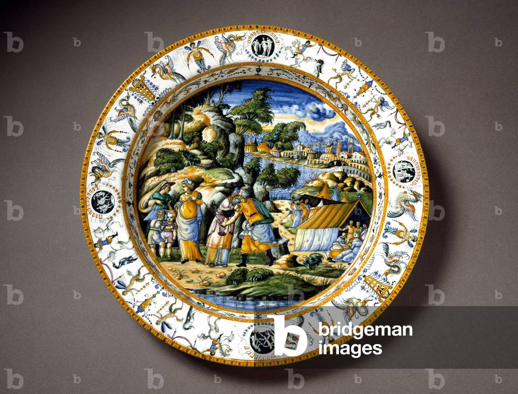 The meeting of Aaron and Moise Ceramic plate produced in Urbino in the workshop Fontana, Italy. 1550 around Florence, Museo Nazionale del Bargello - The meeting between Aaron and Moses, ceramic plate from Fontana workshop, Urbino, Italy. Circa1550. National Museum of Bargello, Florence, Italy