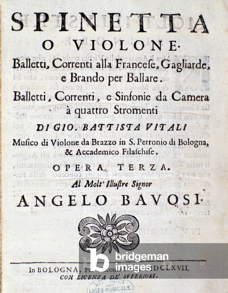 Frontispiece of musical score of Balletti, correnti alla francese opus 3 by Giovanni Battista Vitali (litho)
