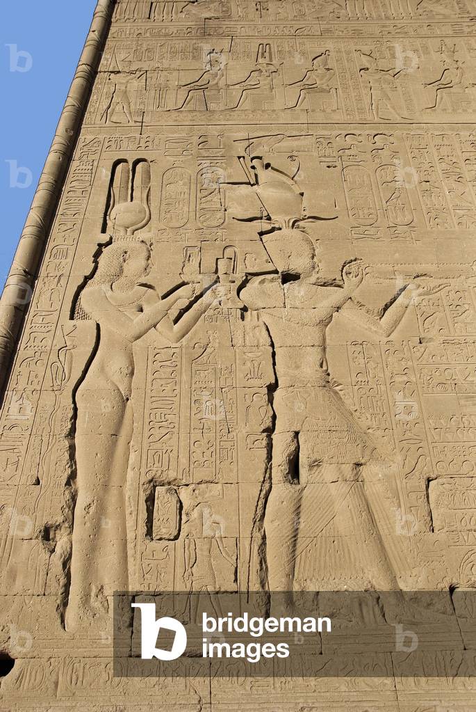 Relief from the temple of Denderah representing Cleopatra and Caesarion. Denderah, Egypt