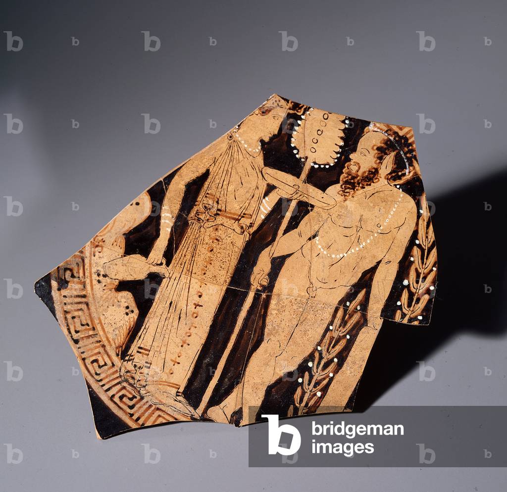 Terracotta fragment of kylix representing a maenad and a satyr, 350 BC