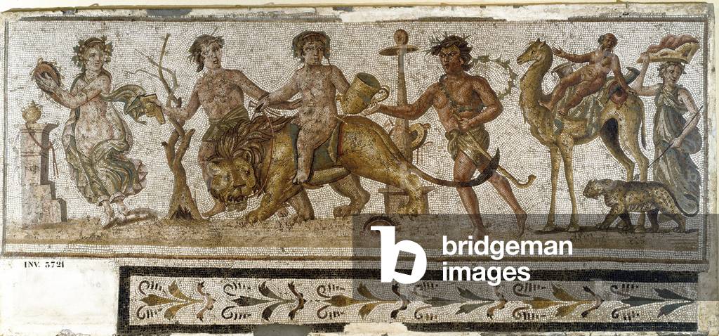 Roman antiquite: “” Dionysian Procession””” Silene rides a camel, a menade plays an instrument. Mosaic from El Jem (Thysdrus). 3rd century AD. El Djem (Thysdrus), archeological museum