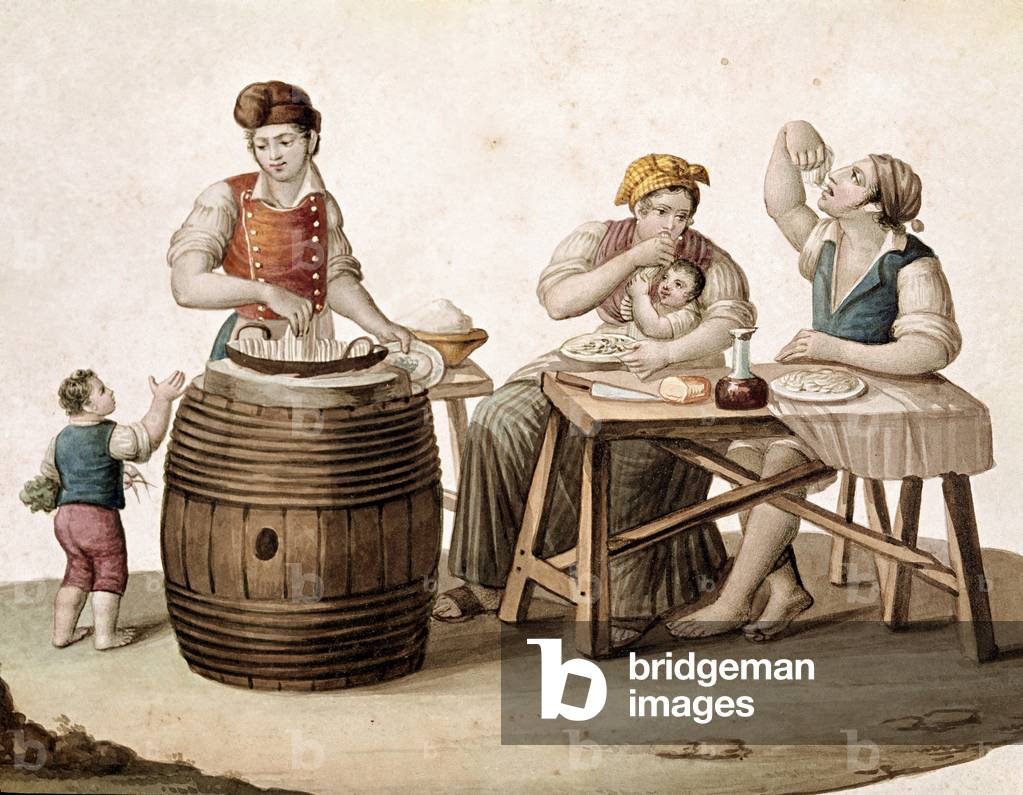 Small Neapolitan metier: a maccheroni salesman, next to him a family at table eating with hands - (Old trade: maccheroni seller, and customers eating italian pasta) Watercolour of the 19th century Museo Nazionale di San Martino Naples
