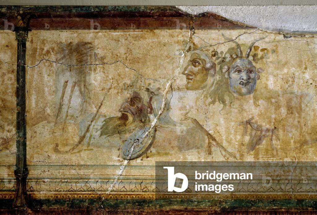 Roman Art: “” Still Life with Theatre Masks”” Detail. Fresco around 25-19 BC Dim. 23 cm Rome, Museo Nazionale Romano (o delle Terme)