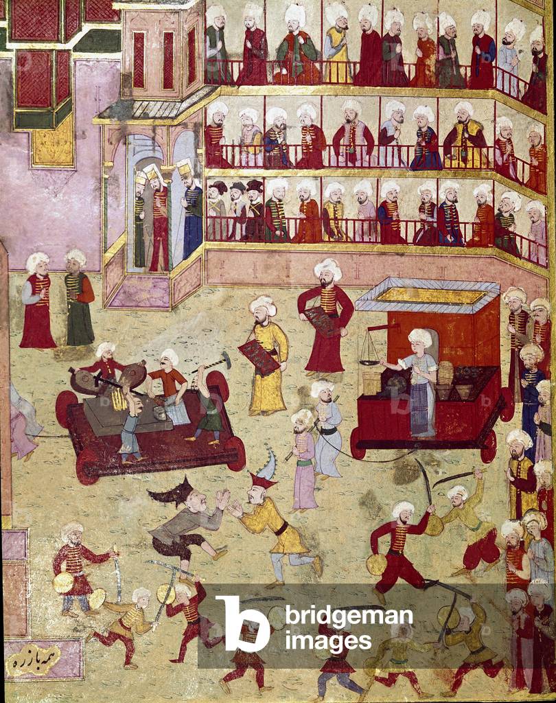 Festivities organized on the occasion of the circumcision of the son of the Ottoman Sultan Murad II (Murat) (1404-1451), jugglers, acrobats and goldsmen came to present samples Miniature of the 16th century Istanbul, Topkapi Sarayi Museum Library