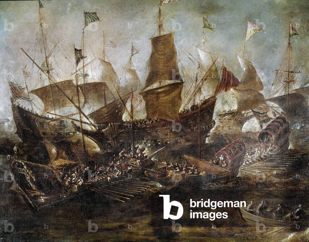 Battle between Venetian and Turkish fleets. 17th century (painting)