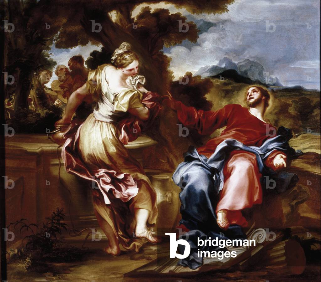 Christ and Samaritan. Painting by Giovanni Andrea de 'Ferrari (1598-1669). Italian art. Oil on canvas. Genes, Privee Collection.