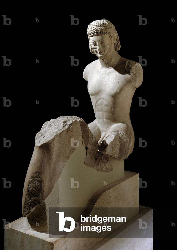 Greek Art: “” The Rampin Rider”” Marble sculpture from the Acropolis, 570-560 BC, Dim. 115 cm - Athenes, Acropolis Museum - The Rampin Rider (or Rampin Horseman), equestrian statue from the Archaic Period of Ancient Greece - Marble sculpture (H. 115 cm) from the Acropolis of Athens, c. 550-540 BC - Acropolis Museum, Athens