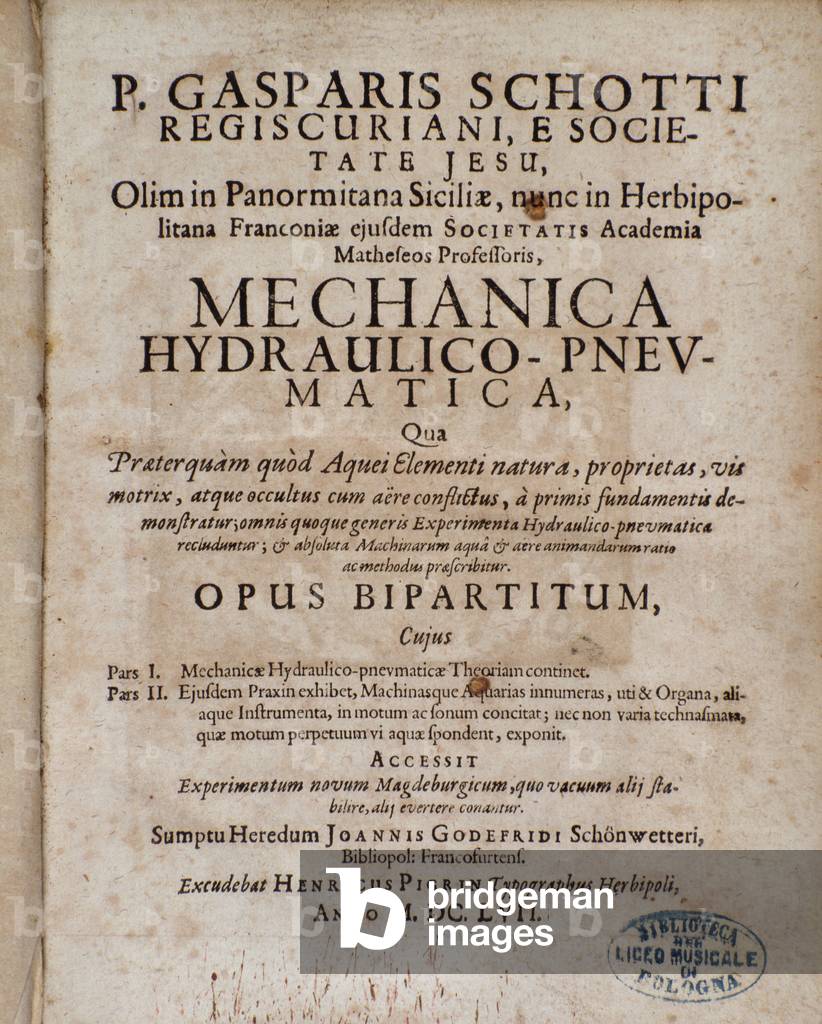 Frontispiece of Mechanica Hydraulico Pneumatica by Gaspar Schott, 1657