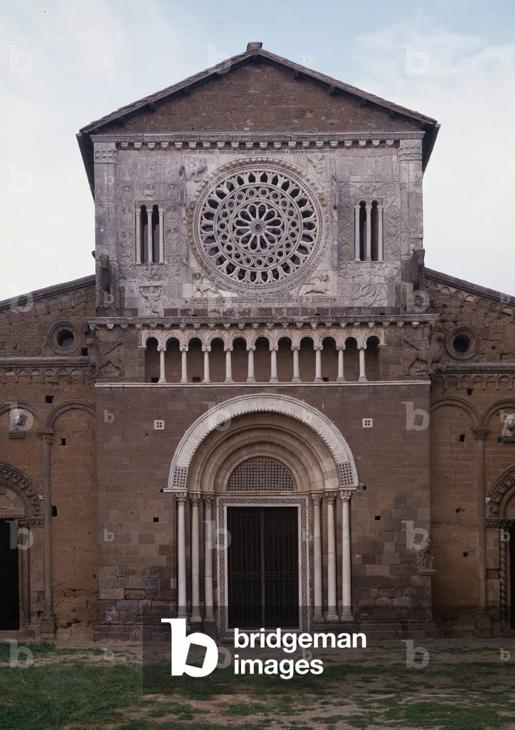 View of the facade of the church of San Pietro (ca. 1250, restauree 1870) Tuscania, italy (Facade of the church of st Peter (san Pietro), built around 1250 and restored in 1870, Tuscania, Italy)