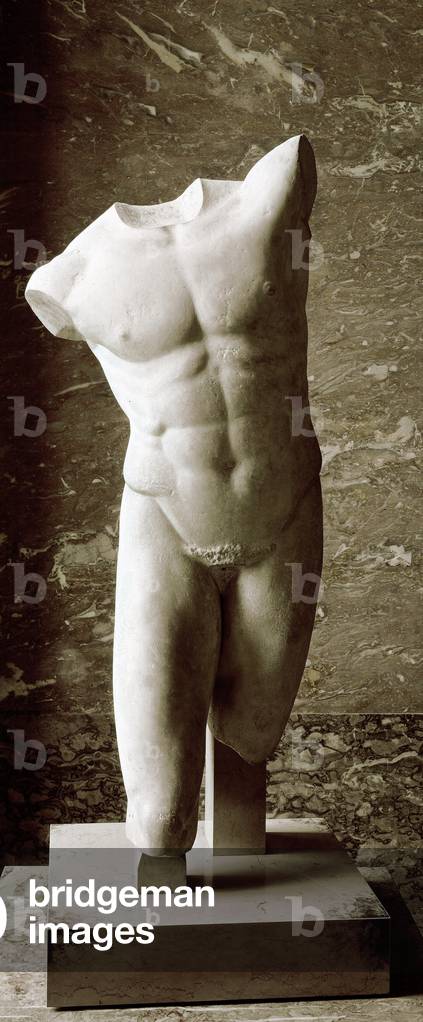 Greek Art: Torso de Discobole dit torso de Pollux, Marble sculpture, 5th-4th century BC, Dim. 1,23 m - Paris, musee du Louvre - Male torso, as known as Pollux torso - Marble sculpture (H. 123 cm), 5th-4th cent BC - Louvre Museum, Paris