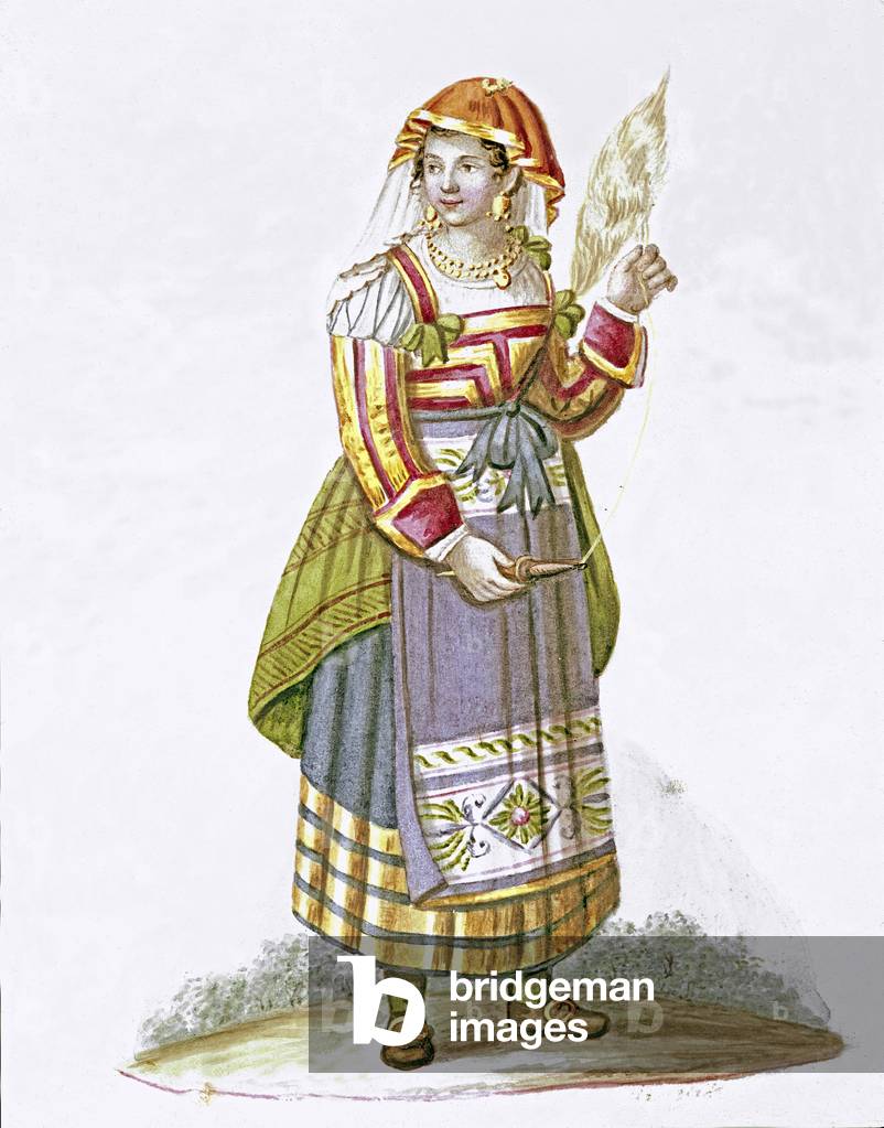 Portrait of a young woman from Pietracanale in the region of Abruzzo, in traditional dress, Italy - (Young woman from Pietracanale, Abruzzo) Watercolour 19th century Museo Nazionale di San Martino Naples