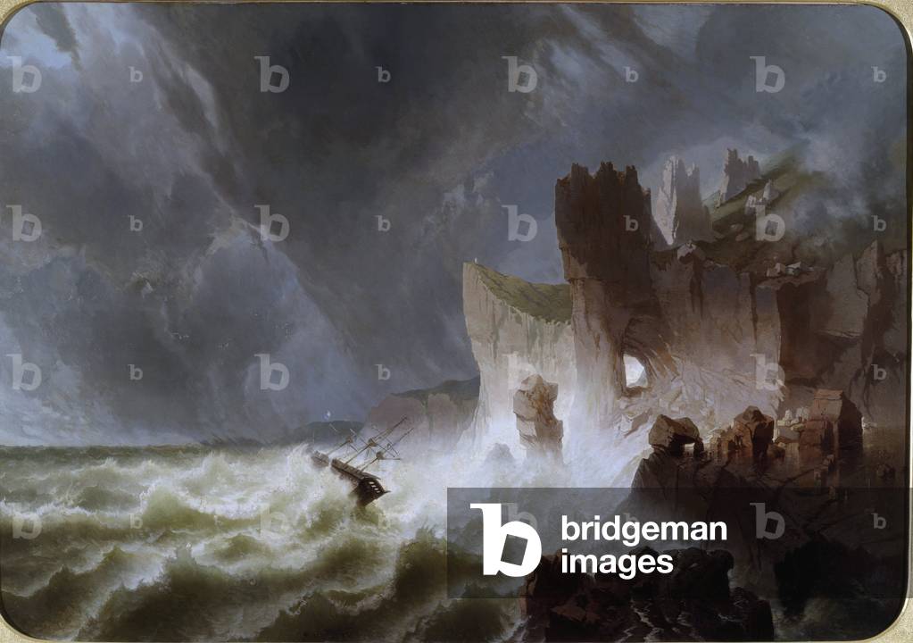Lido solitario Marine landscape, with ship caught in the storm, and crashed on the cliffs. Painting by Pietro Giuria (19th century) Dim. 140x200 cm Genes Nervi, Galleria d'Arte Moderna, inv. 0336
