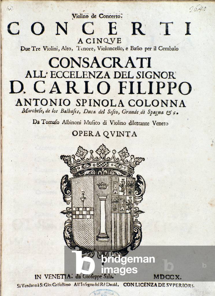 Frontispiece of musical score of “Concerti a cinque, opera 5” by Tomaso Albinoni, 1710 (litho)