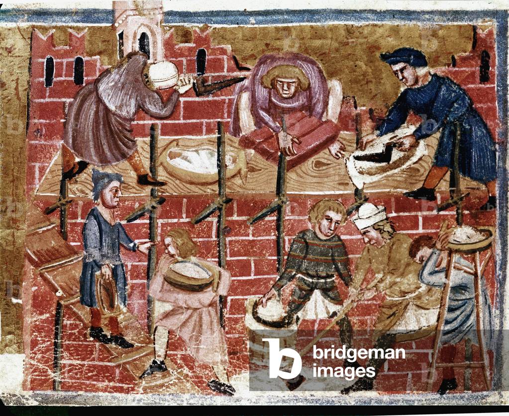Macons and house builders. Miniature taken from “” The Facts of the Romans””” 13th century Venice, biblioteca Marciana