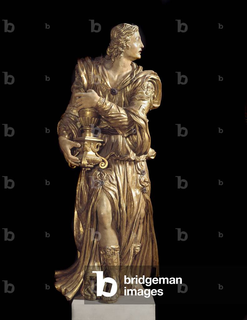 View of one of the wooden angels in the chapel of Bardi di Vernio (A gilded wooden angel) 14th century Florence, Basilica Santa Croce, Italy