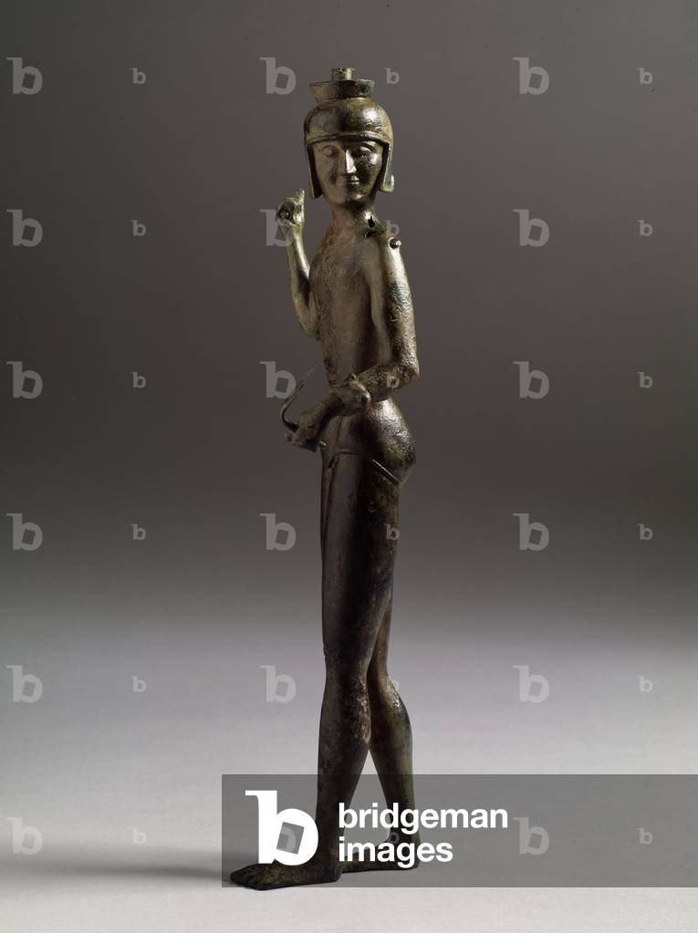 Etruscan art: warrior figure (Etruscan art, a warrior, bronze sculpture, from Brolio, Italy, 550 BC, Dim 36 cm) Bronze sculpture, From Brolio, Italy, 550 BC, Museo Archeologico