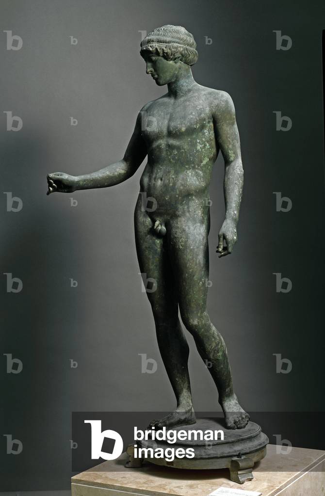 Roman Art: “” Ephebe”” Bronze sculpture after a Greek original, From Pompei, 1st century AD, Dim. 149 cm - Naples, Museo Archeologico Nazionale - Ephebe - Bronze sculpture (H.149 cm), Roman copy of a Greek original, 1rst century AD, from House of Ephebe, Pompeii (Italy) - Naples, Museo Cheologico Nazionale