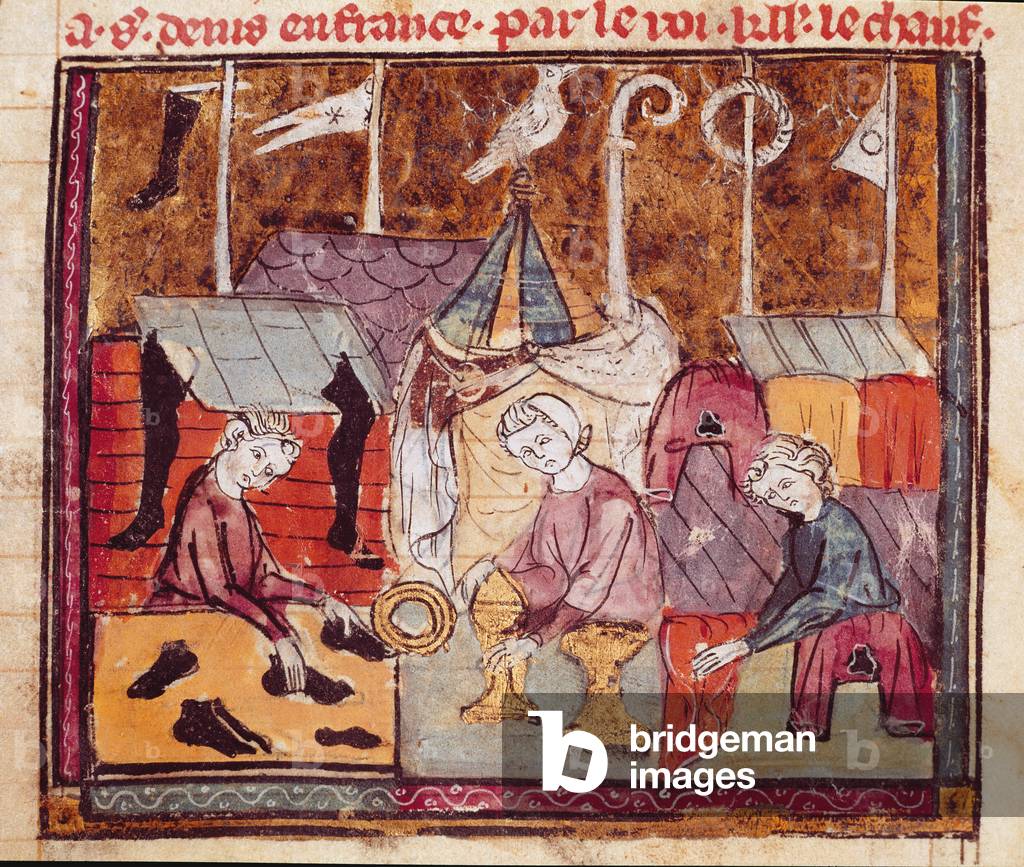 Merchants (shoemaker, goldsmith, fabric merchant) at the Lendit fair near Saint Denis Miniature from “” Grandes Chronicles de France”” 1375-1379 Municipal Library, Castres