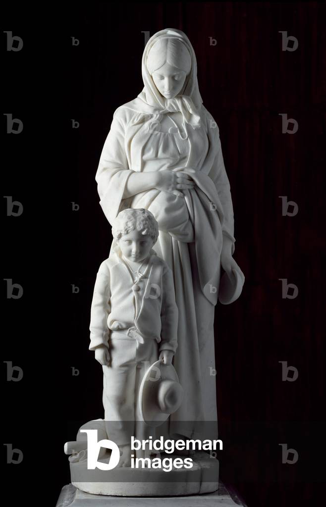 A mother and her child asking for charity. Marble sculpture by Antonio De Barbieri (1821-1906) 1868 approx. Sun. 110x38x47 cm Genes, Galleria d'Arte Moderna, inv. 301