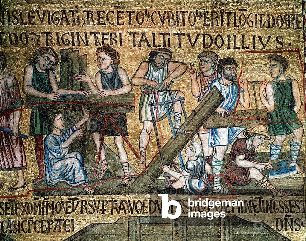 Bild von Mosaik "Der Bau des Turms von Babel. Auf dem Gelände sahen Arbeiter und Zimmerleute Bretter. 13. Jahr