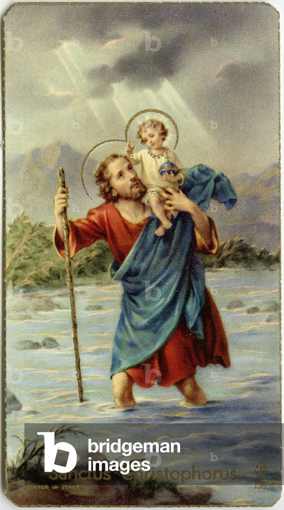 Pious image: St Christophorus crossing the Jordan with young Jesus on his back (chromolithography)