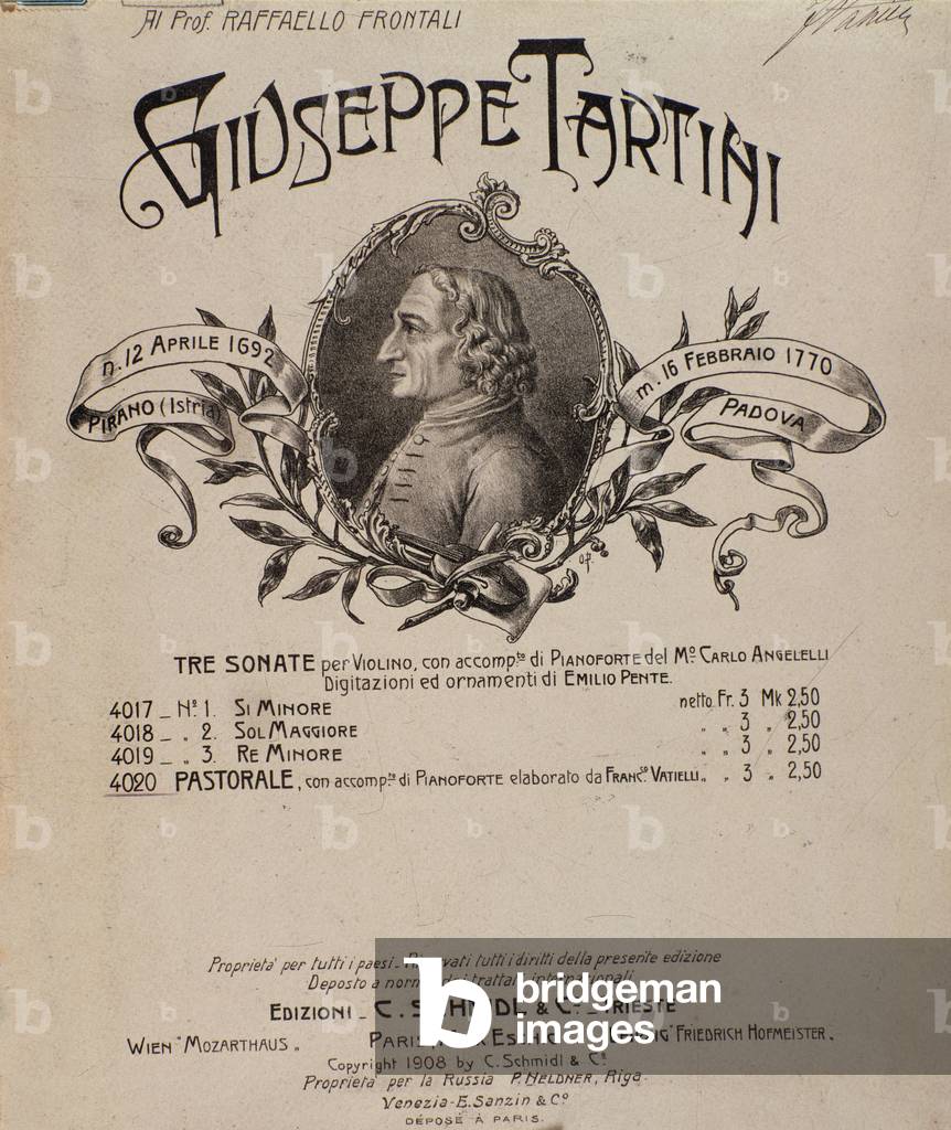 Portrait of Giuseppe Tartini. Frontispiece of musical score of Sonatas, 1908