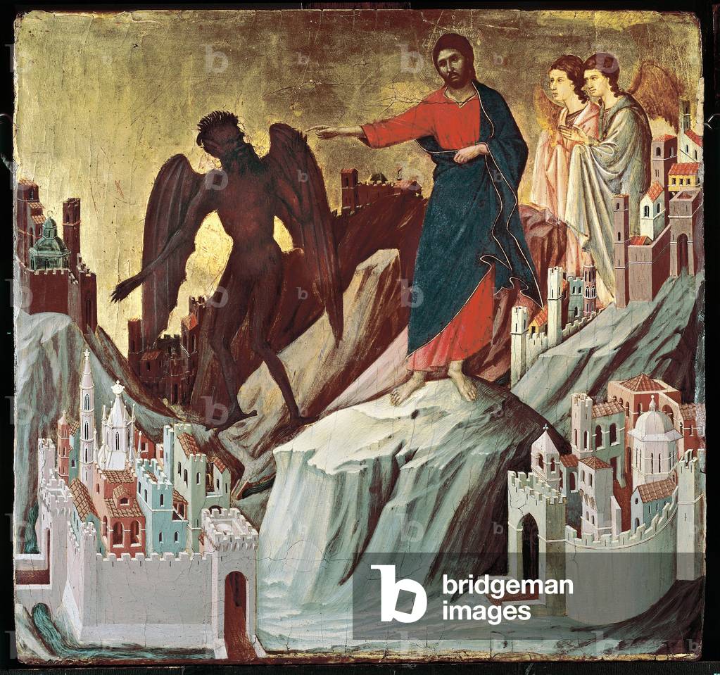 The Temptation of Christ on Predelle Mountain on the back of the Maesta. 14th century  (tempera on wood)