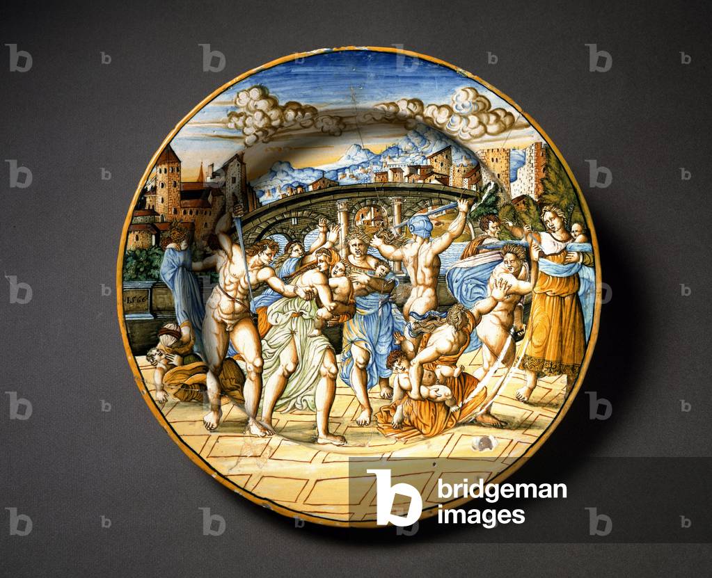 The massacre of the innocent. Ceramic plate produced in Urbino in the workshop Fontana by Italian Artist