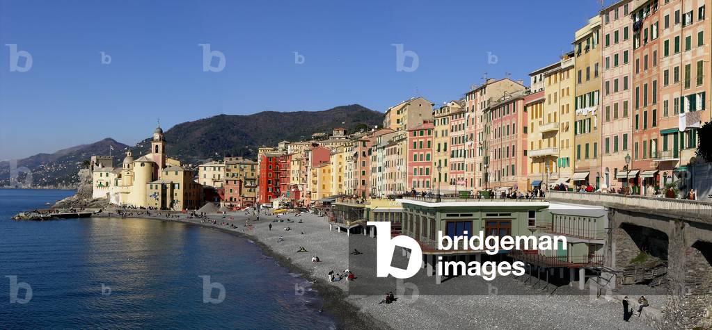 View of the beach and promenade of the town of Camogli (photography)