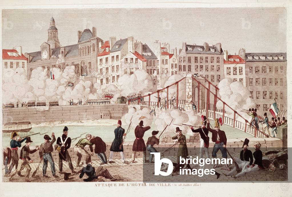 Attack of the Town Hall of Paris and the battle of the bridge of Arcola, 28 July 1830 (Engraving)
