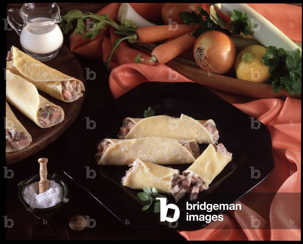 Food still life: Pancakes stuffed with veal tongue (photography)