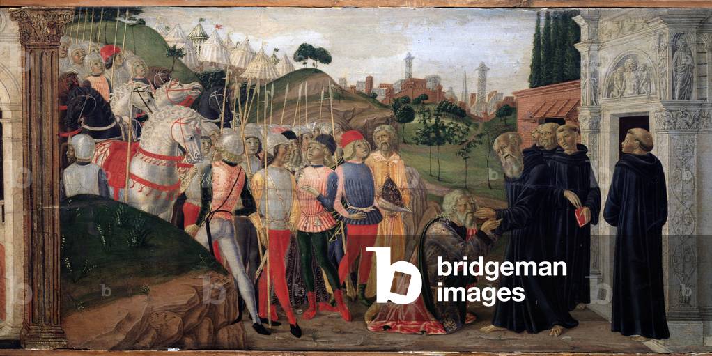 Totila, king of the Ostrogoths visiting Benedict of Nursia - Detail of Predelle, c. 1470