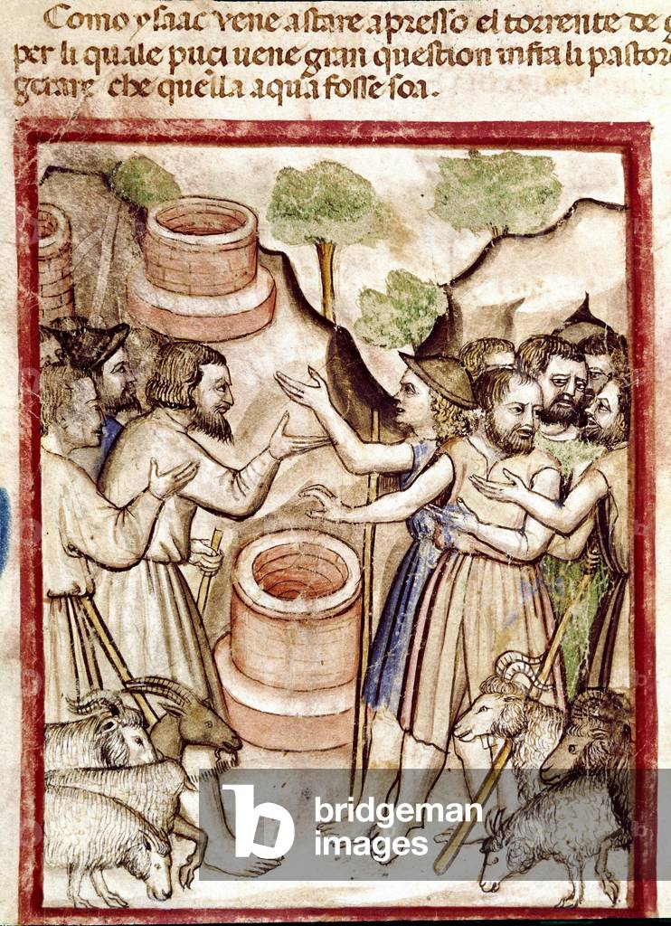 Isaac digs wells in the valley of Guerar and the shepherds of the valley seek him quarrel Miniature taken from the codex 212 (or padovano codice or Bible of Padua) 1390-1400 Rovigo, Accademia dei Concordi