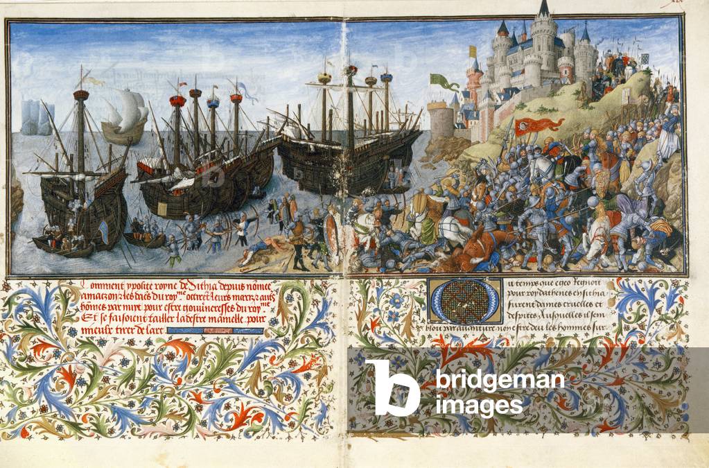 Struggle between the Greeks of Theseus and the Amazons of the queen Hippolyte, 14th century (miniature)