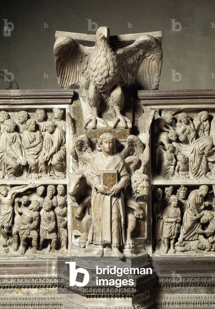 The parapet of the pulpit of Fra Guglielmo da Pisa (ca. 1235-1310/11) representing scenes from the New Testament, prophetes and symbols of the evangelists, detail - (detail of pulpit representing prophets, evangelists and scenes of the new testament) 1270 Pistoia, Church of San Giovanni Fuorcivitas Italy
