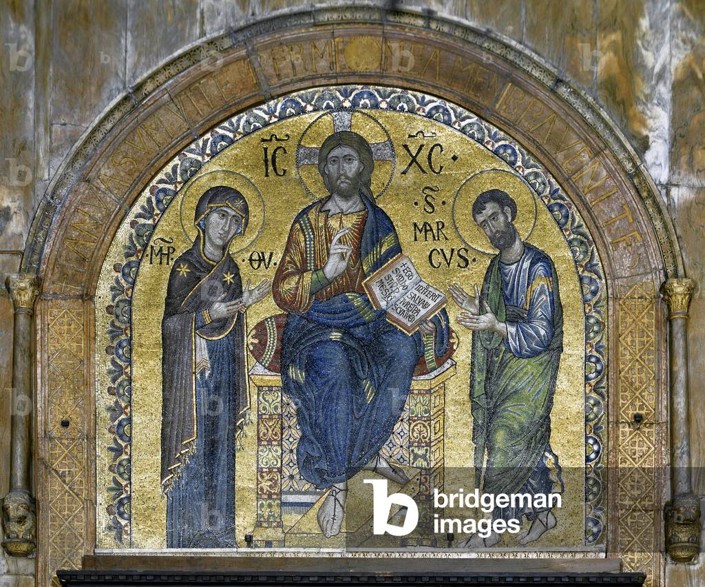 Byzantine architecture: Christ in majesty (Christ in glory) between the Virgin and Saint Mark (Deesis), mosaics made by Venetian artists and redesigned in the 16th century. Apse. Basilica di San Marco (Basilica of San Marco), Venice
