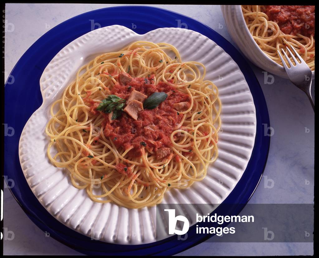 Food still life: plate of spaghetti with tuna (photography)
