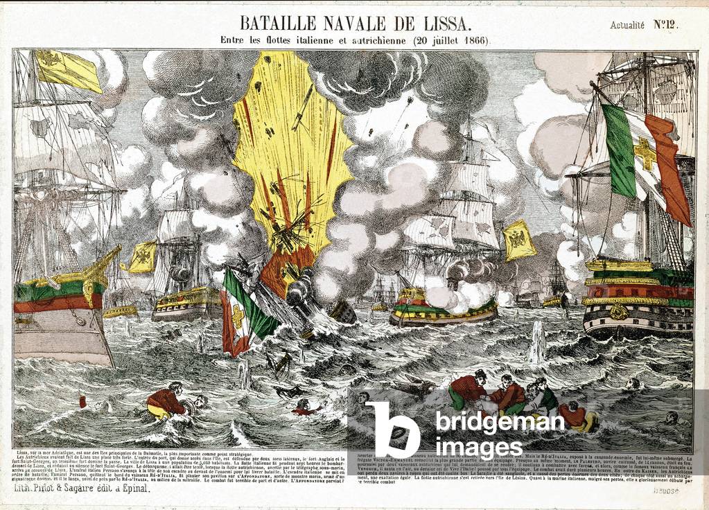 The naval battle of Lissa (Adriatic Sea), July 20, 1866 (etching, 19th century)