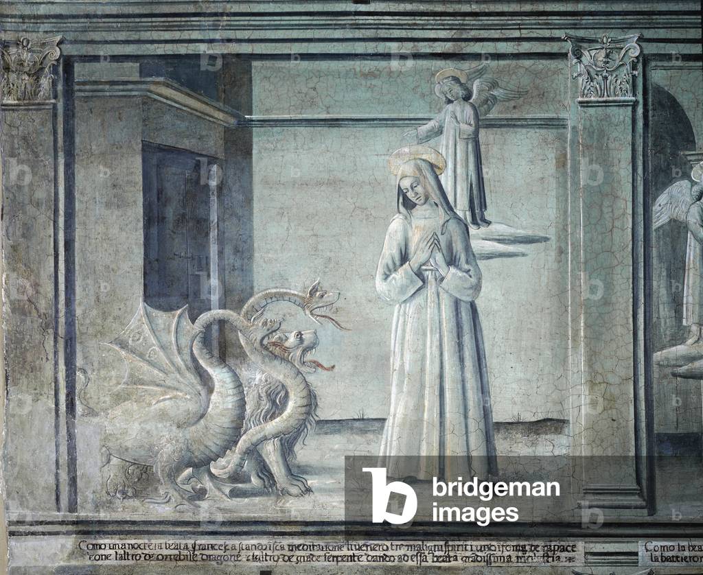 Vie de sainte Francoise Romaine, poursuivie par les demons sous forme de monstres, de l'ecole romaine, 1450-1500 (fresque)
